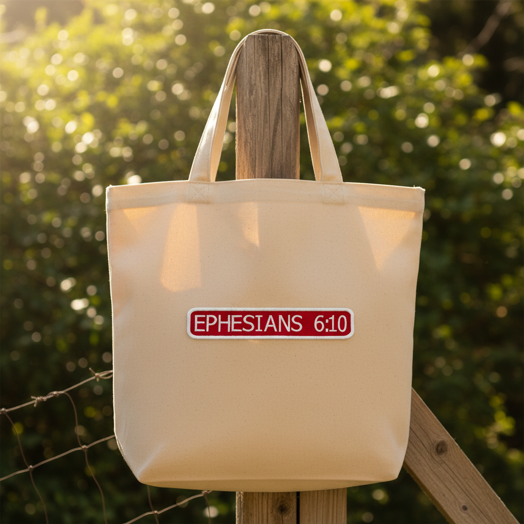 Custom embroidered Ephesians 6:10 patch on a canvas tote bag